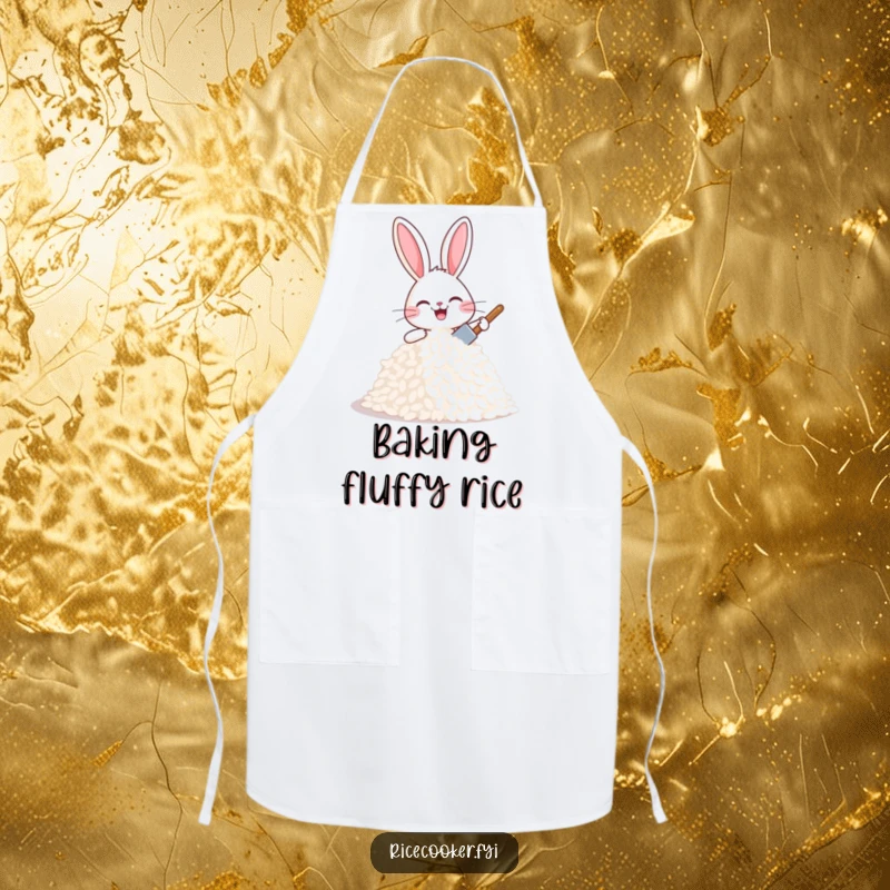 Funny joyful bunny patting a mound of rice with a tiny spatula, looking proud and happy, a practical funny apron.