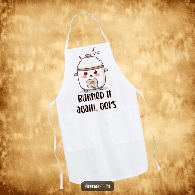 Funny surprised rice cooker apron with smoke effect, ideal for kitchen protection with a humorous twist.