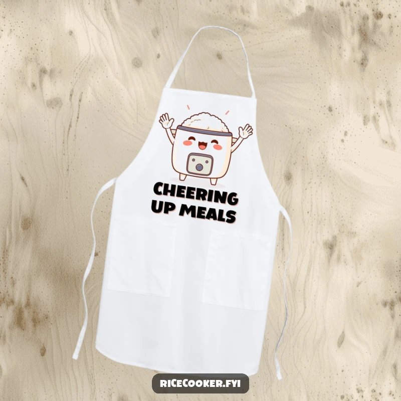 Funny apron showcasing a spirited rice cooker with tiny arms enthusiastically waving. A humorous and practical kitchen accessory, great funny gift.