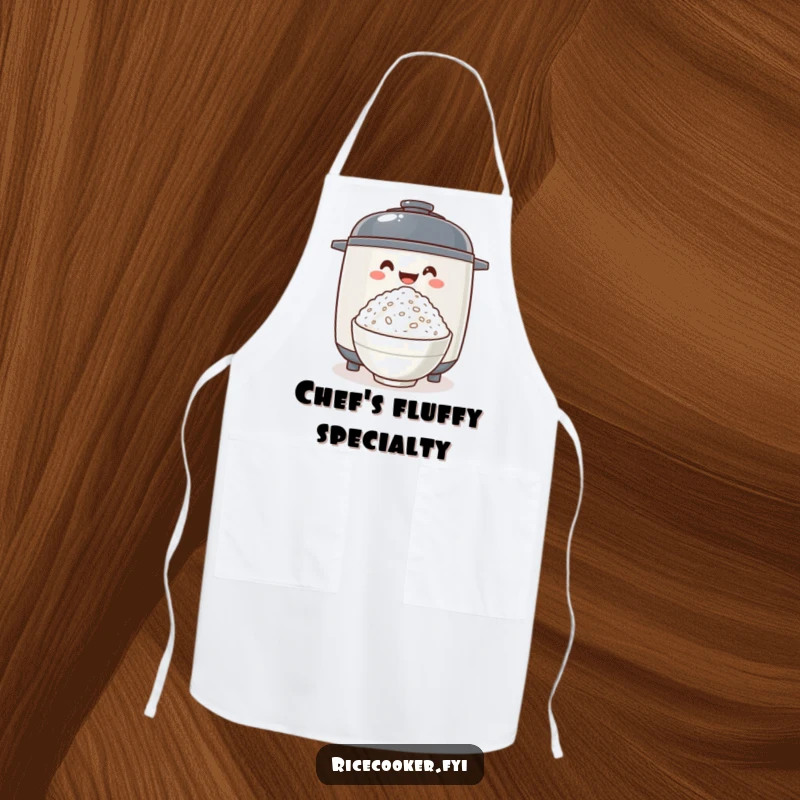 Funny rice cooker excitedly offering fluffy rice, a charming apron for kitchen adventures that brings a touch of culinary excitement.