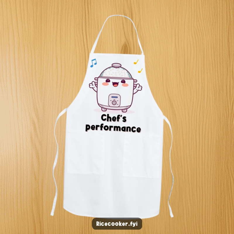 Funny apron shows a cheerful rice cooker conducting an imaginary orchestra with its arms, a comical and stylish kitchen essential.