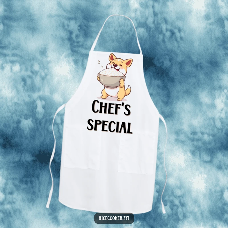 Funny dog apron. A happy dog excitedly presents a giant bowl of steaming rice, ready for kitchen duty.