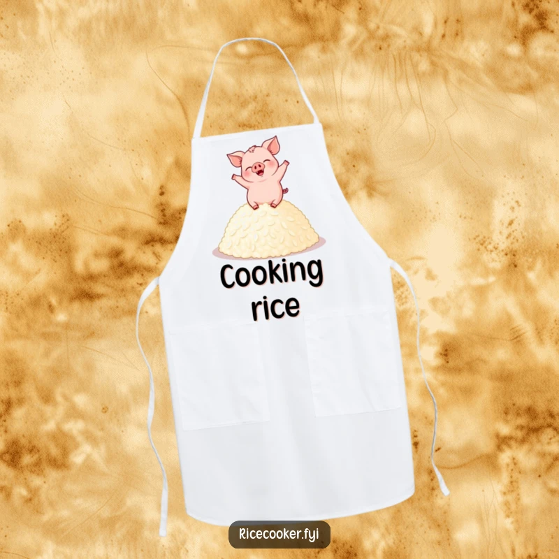 Funny pig apron showing a giggling pig dancing on a pile of perfectly cooked rice, ideal for cooks who enjoy humor.