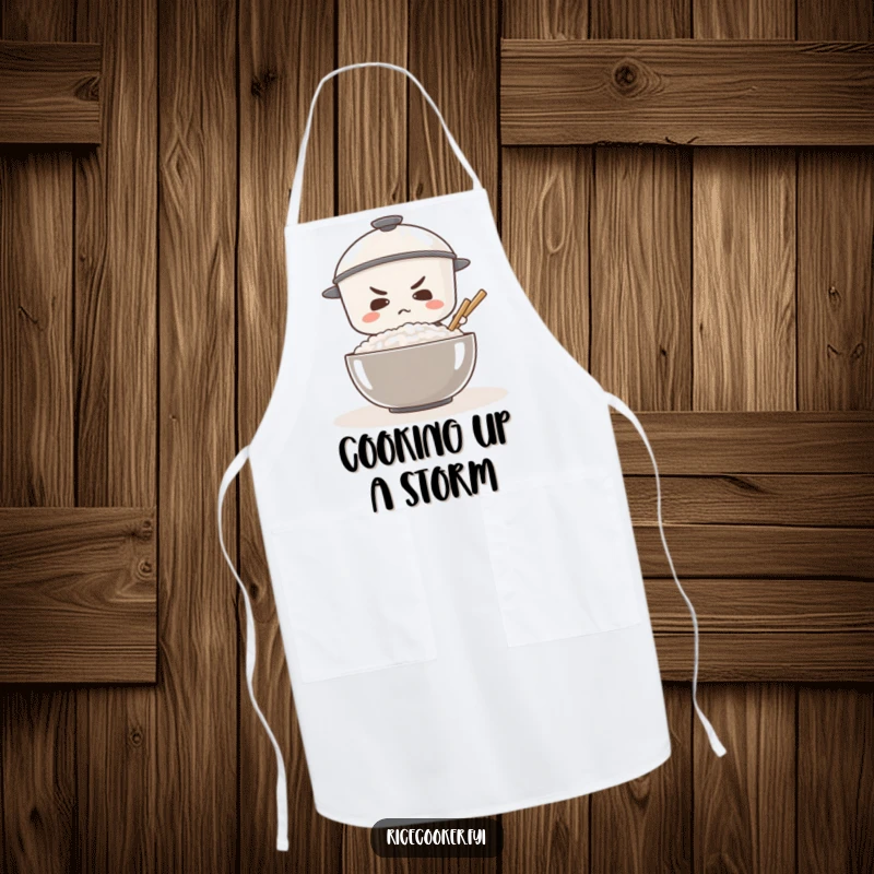 Funny apron with a determined rice cooker stirring a giant bowl of rice, ideal for kitchen focus.