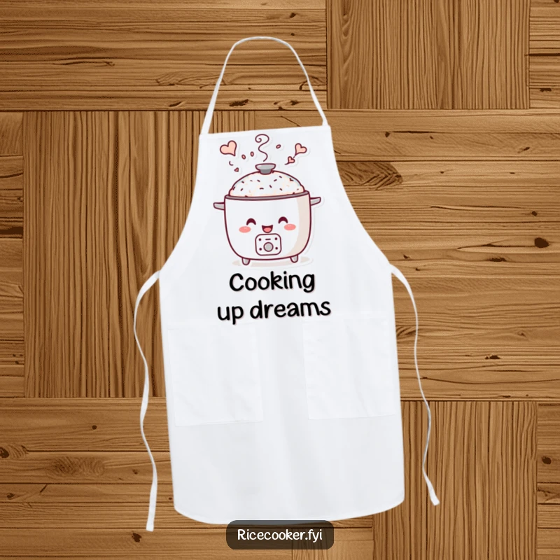 Funny whimsical steam apron with a smiling rice cooker whose steam forms whimsical shapes, ideal for imaginative cooking.