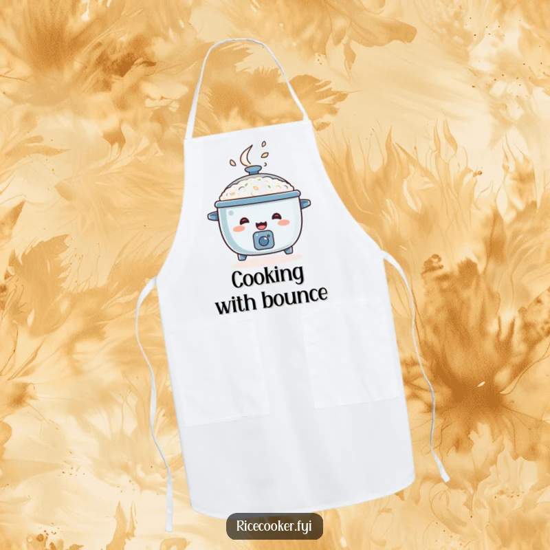 Funny rice cooker apron, happy appliance bouncing with steam erupting, energetic kitchen wear gift.
