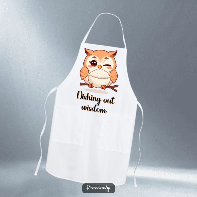 Funny apron with a winking owl chef offering a tasty rice ball, a humorous accessory for anyone who loves to cook.