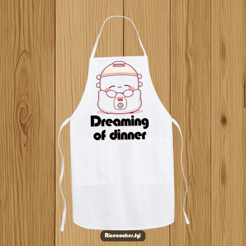 Funny rice cooker apron featuring a sleepy appliance on a pillow, perfect for cozy cooking.