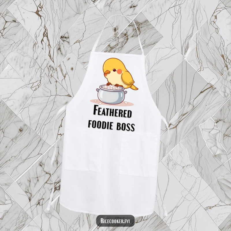 Funny determined bird tending a small, bubbling pot of rice on a chef's apron, ready for culinary action.