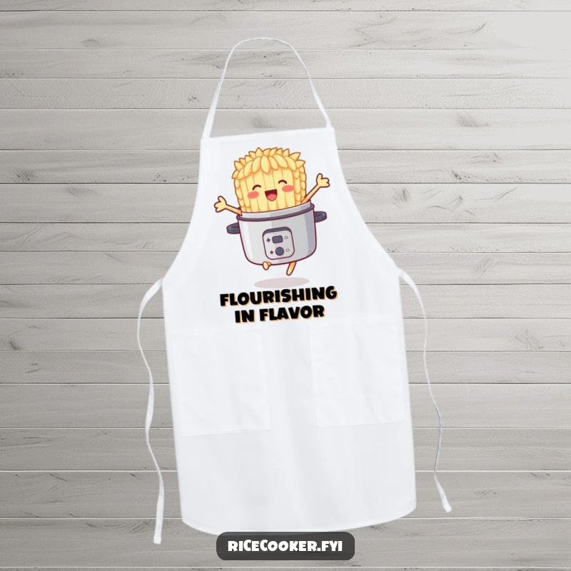 Funny apron with a delighted rice grain character joyfully jumping out of a rice cooker, perfect for kitchen fun.