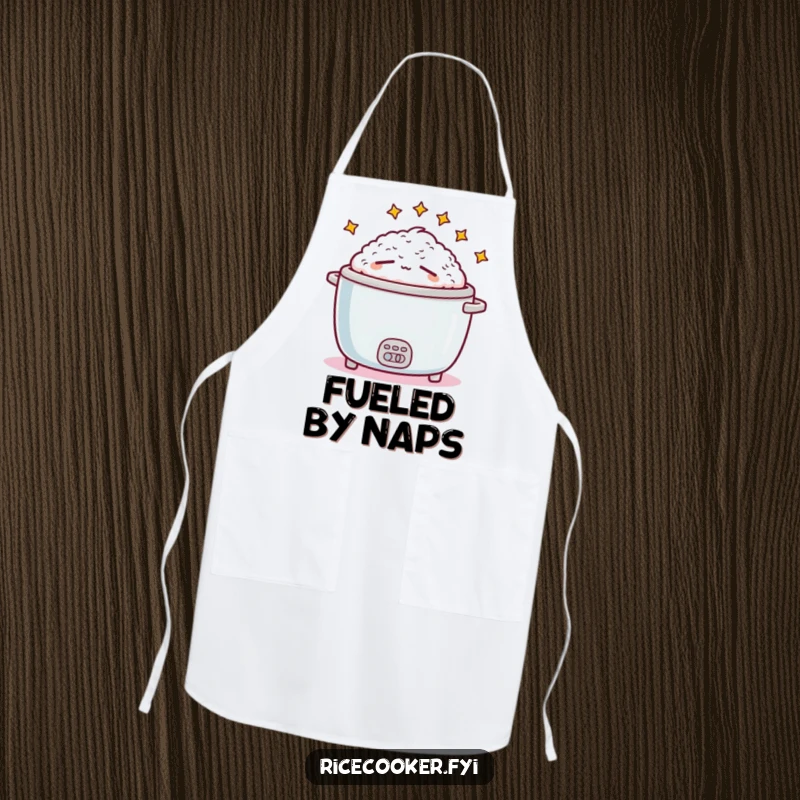 Funny sleepy rice cooker graphic on a durable apron, ready for kitchen duty with a hint of exhaustion, a great funny gift.