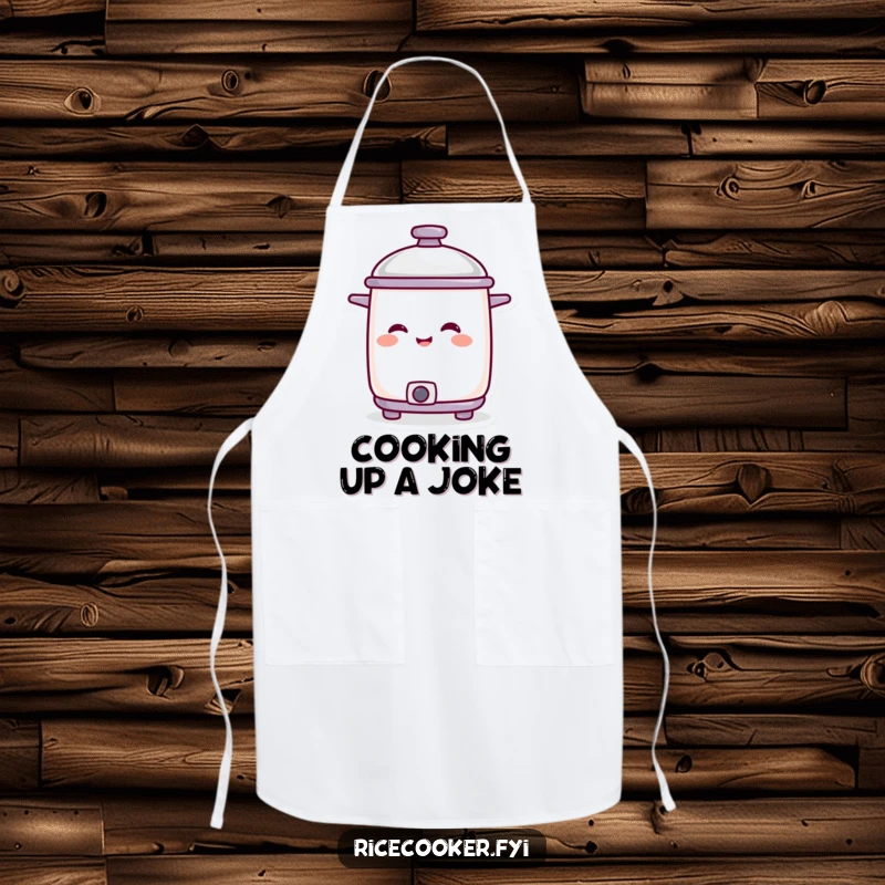 Funny smiling rice cooker character with its lid tilted in amusement, on a practical and humorous apron.
