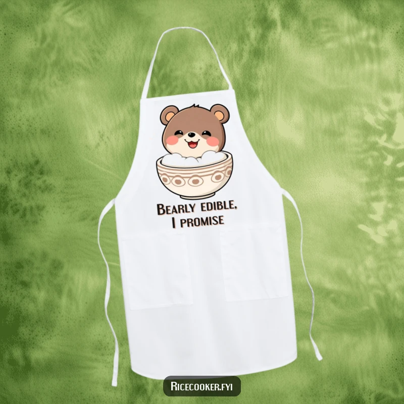 Funny bear with a wide grin popping out of a steaming bowl, depicted on a humorous kitchen apron.