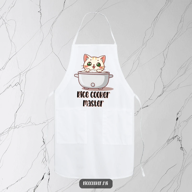 Funny surprised cat peeking over a steaming rice cooker lid, steam swirling, a humorous and practical kitchen apron.