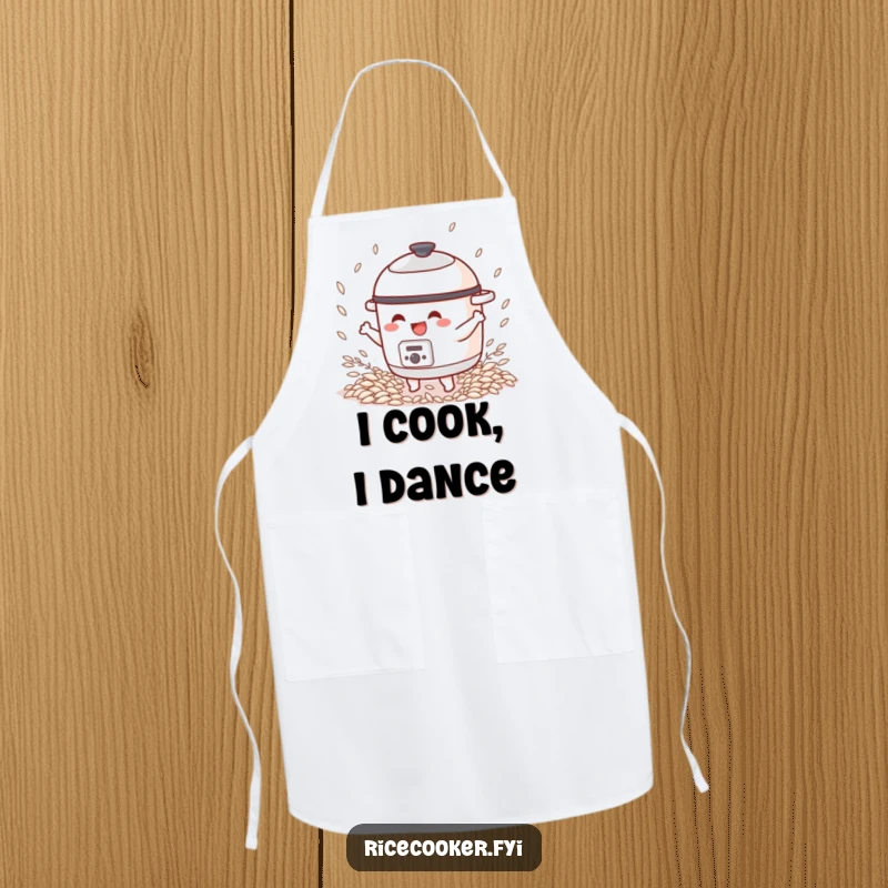 Funny apron showing a happy rice cooker character dancing joyfully, with rice grains scattered around its base.