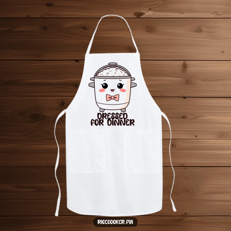 Funny apron featuring a proud rice cooker wearing a bow tie. A humorous and practical kitchen funny gift.