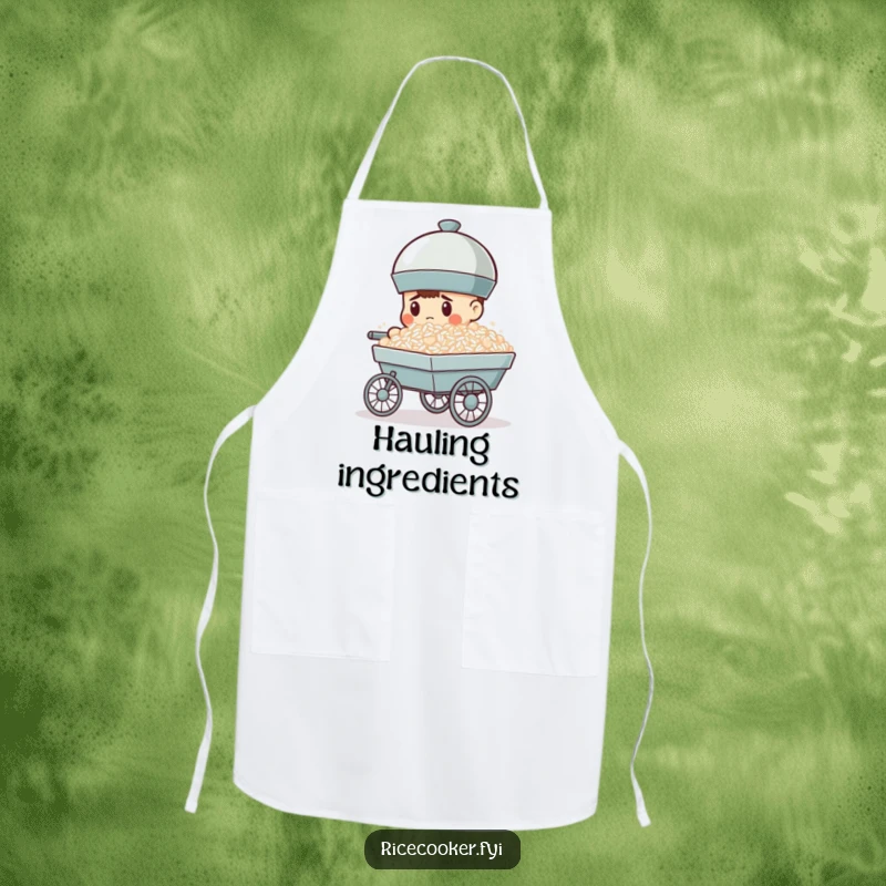 Funny apron shows a determined rice cooker pushing a cart overflowing with rice, a comical kitchen essential for achievers.