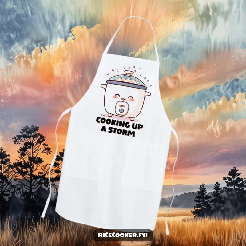 Funny apron shows a rice cooker giggling so hard it scatters rice grains like confetti from its lid, a comical kitchen essential.