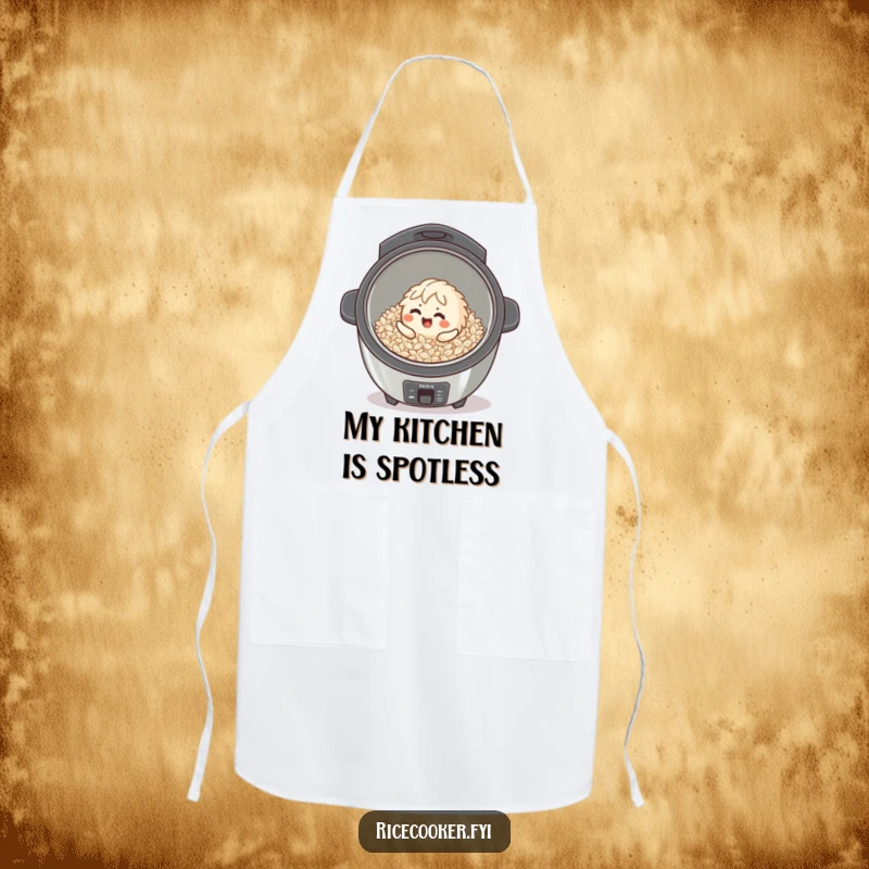 Funny giggling rice grain character rolling in a clean cooker on an apron, bringing kitchen cheer.