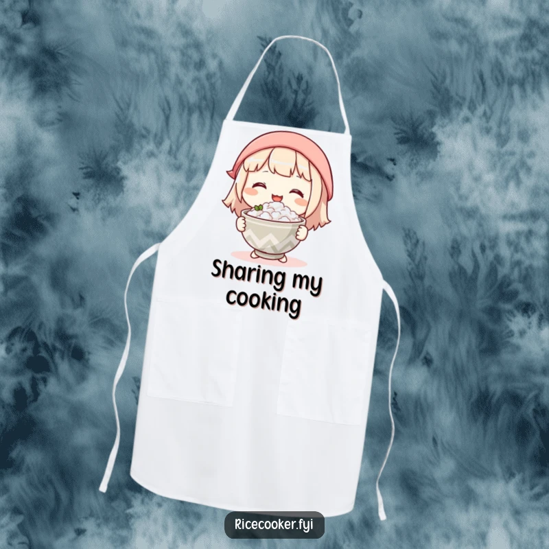 Funny apron showing a character gently offering a warm bowl of rice with a kind smile, ideal for cooks who share their passion.