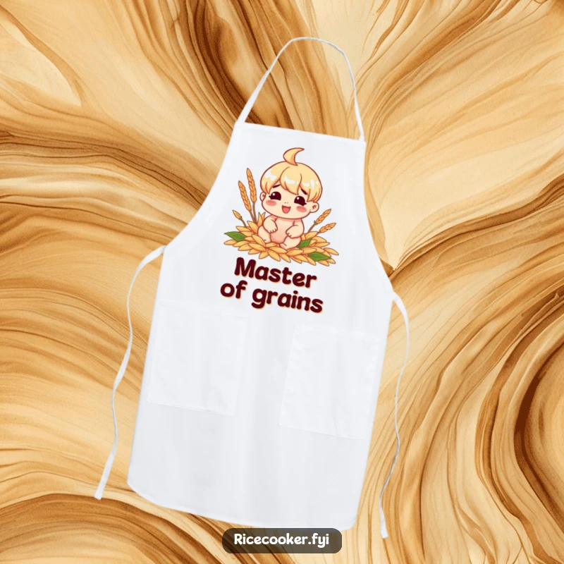 Funny apron with a cheerful character sitting happily surrounded by perfectly cooked grains, perfect for kitchen joy.