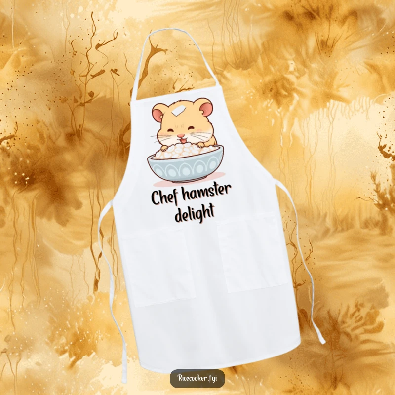 Funny hamster apron, wearing an apron, sniffing a bowl of steaming rice with delight, practical and cute kitchen accessory for food lovers.