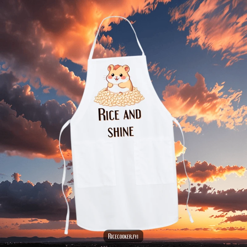 Funny apron depicting a happy hamster enthusiastically rolling in a giant mound of fluffy rice grains, perfect for a kitchen enthusiast.