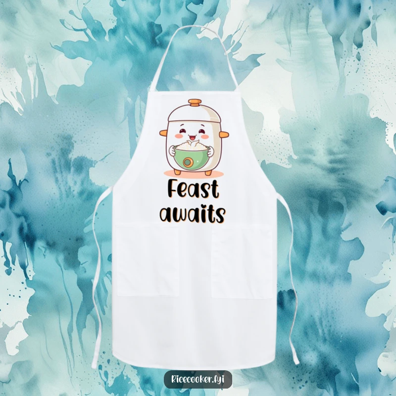 Funny apron shows a happy rice cooker offering a steaming bowl with a welcoming gesture, a comical kitchen essential.