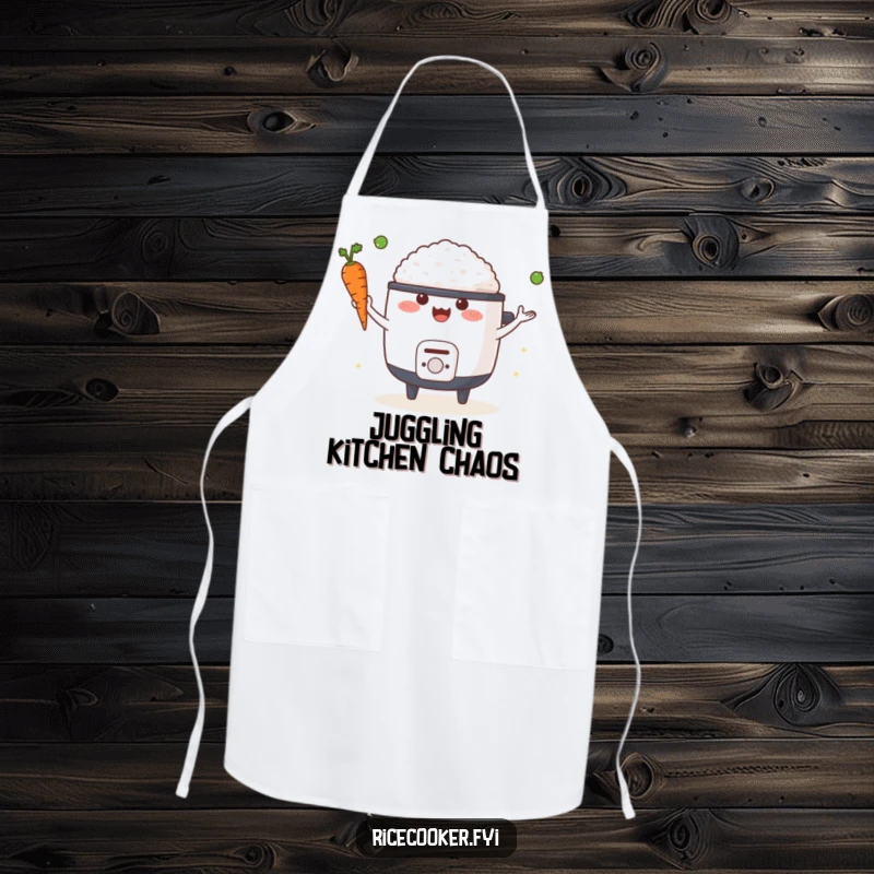 Funny apron showing a happy rice cooker juggling a carrot and a pea, perfect for humorous and skillful cooking.