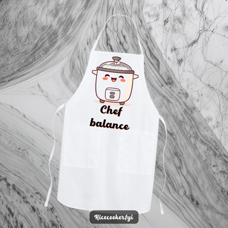 Funny apron with a laughing rice cooker balancing a tiny grain of rice on its spout, for joyful cooking.