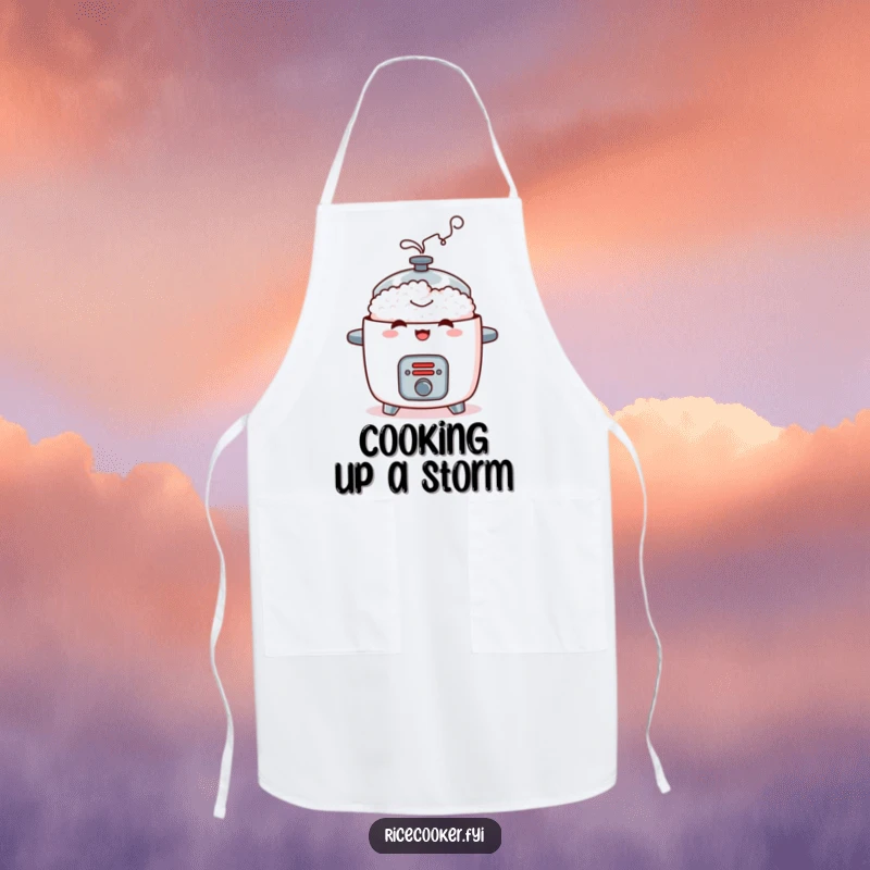 Funny apron with a mischievous rice cooker emitting contented steam, a humorous and practical kitchen accessory for aspiring chefs.