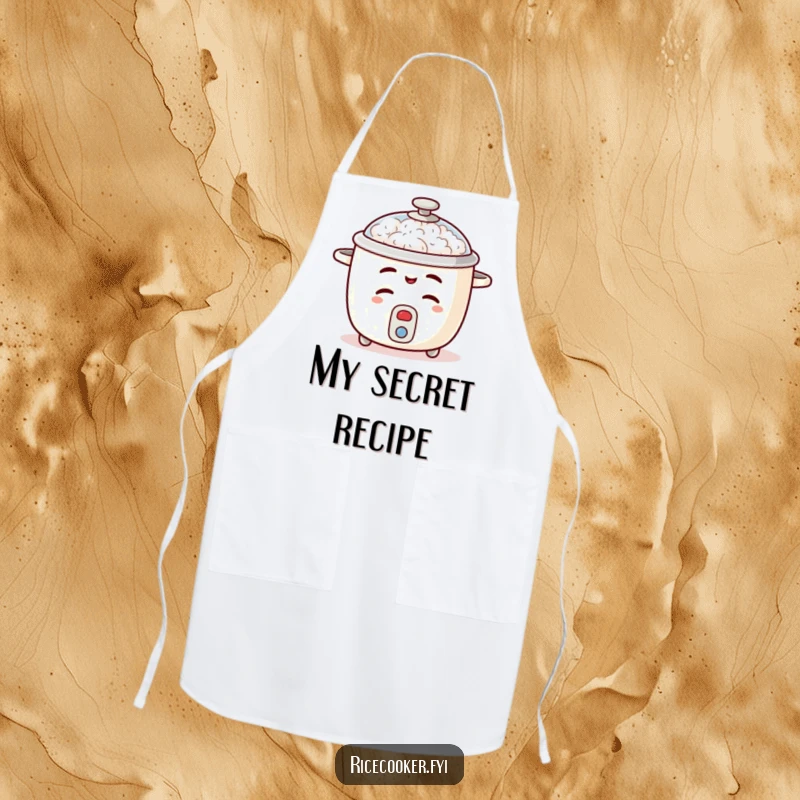 Funny rice cooker apron showing a mischievous wink and a slightly open lid, great for kitchen fun.