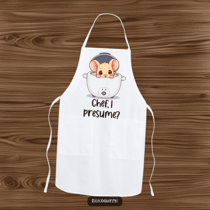 Funny mouse peeking into a rice cooker on a chef's apron, showcasing culinary curiosity and kitchen humor.