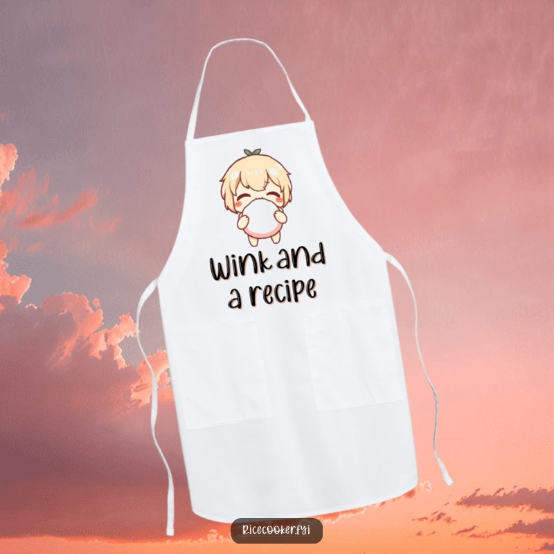 Funny apron showing a character winking playfully while holding a perfectly formed rice ball, ideal for kitchen fun.