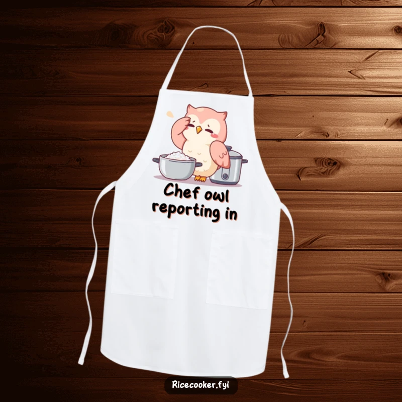 Funny owl apron showing a stressed owl next to a rice cooker, a humorous garment for chefs and home cooks.