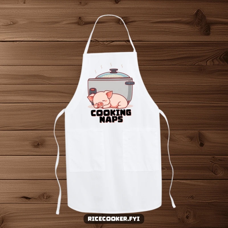 Funny piglet apron. A content piglet naps peacefully next to a gently humming rice cooker, ready for kitchen duty.