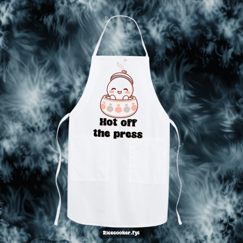 Funny apron with a round, smiling character popping its lid open with gentle steam, perfect for kitchen joy.