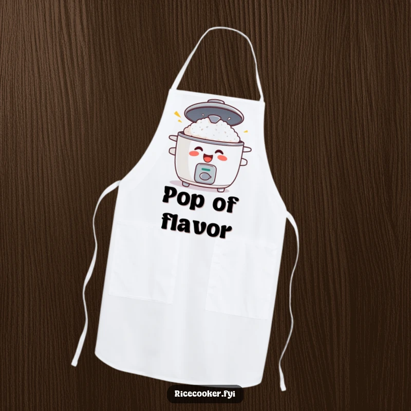 Funny apron with a grinning rice cooker whose lid is popping open in surprise, ideal for keeping clothes clean with humor.