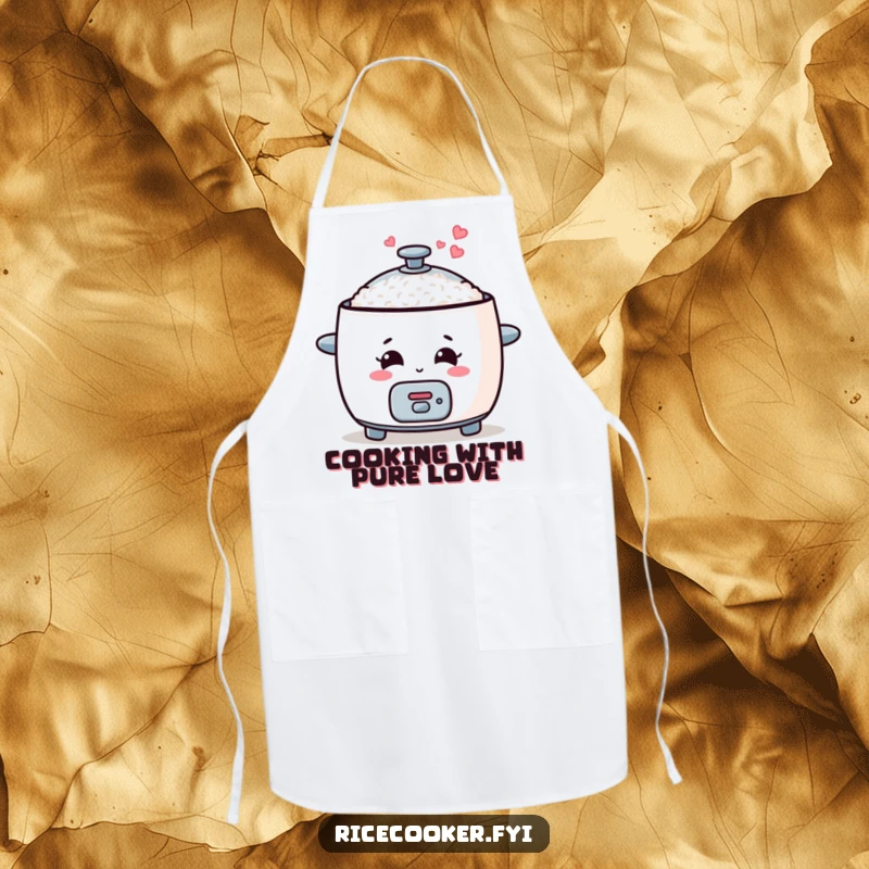 Funny rice cooker apron showing a smiling cooker with heart-shaped steam, a cute and practical kitchen accessory.