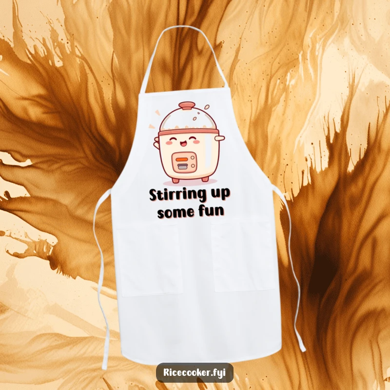 Funny rice cooker character spinning happily while wearing an apron, ready for culinary action.