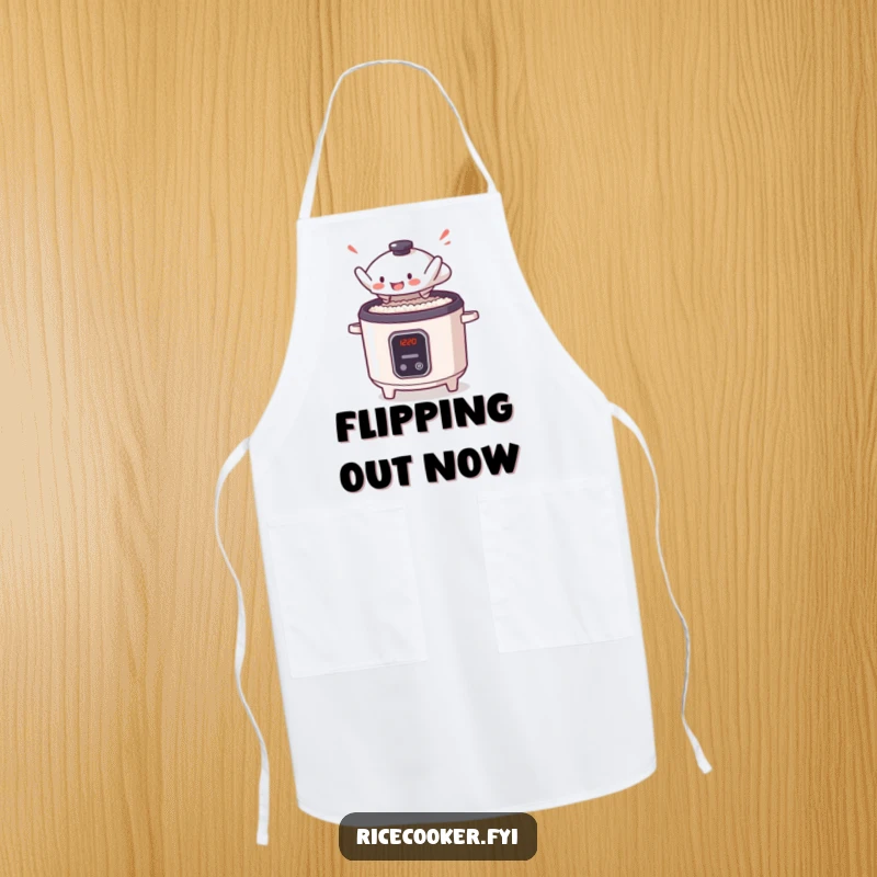 Funny apron showing a tiny rice cooker lid executing a dynamic leap, perfect for anime fans and adventurous home cooks.