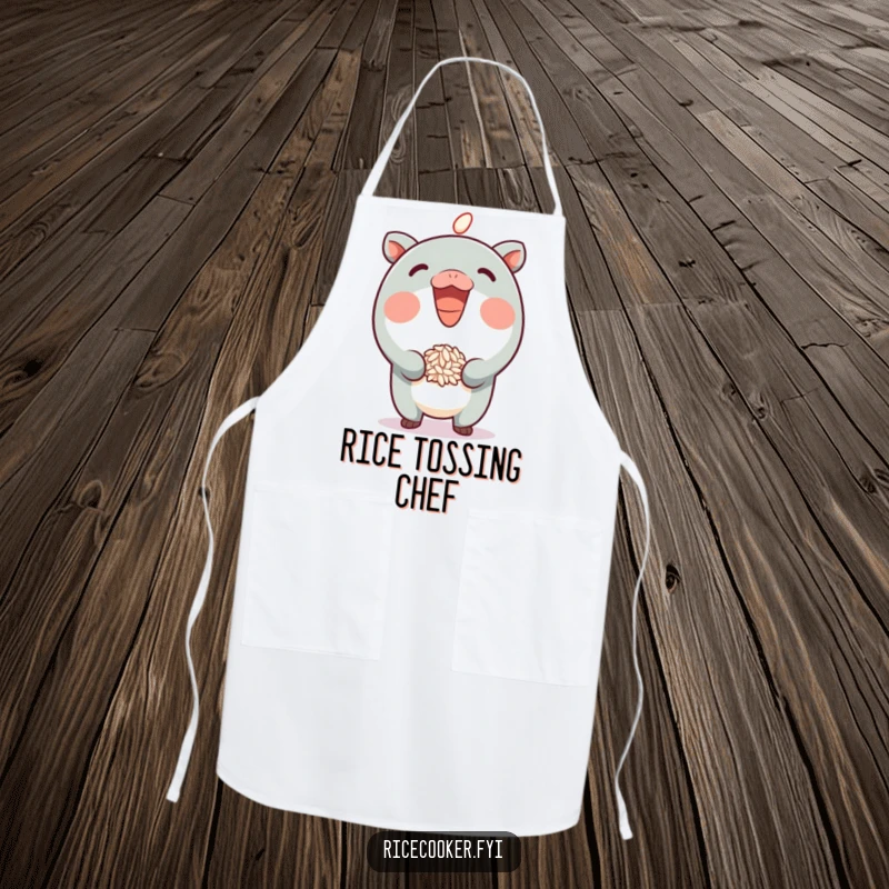 Funny Apron with a chef character grinning while balancing a grain of rice on its spout, perfect for kitchen humor.