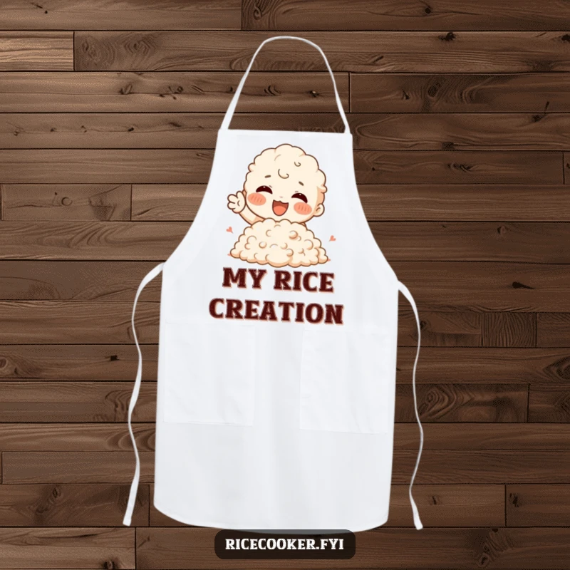 Funny Apron with a character enthusiastically gesturing with joy towards a fluffy mound of rice, perfect for kitchen humor.