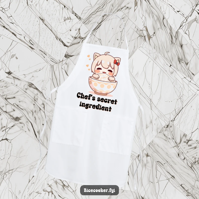 Funny apron showing a character embracing a steaming bowl of rice, ideal for chefs and home cooks who love their comfort food.