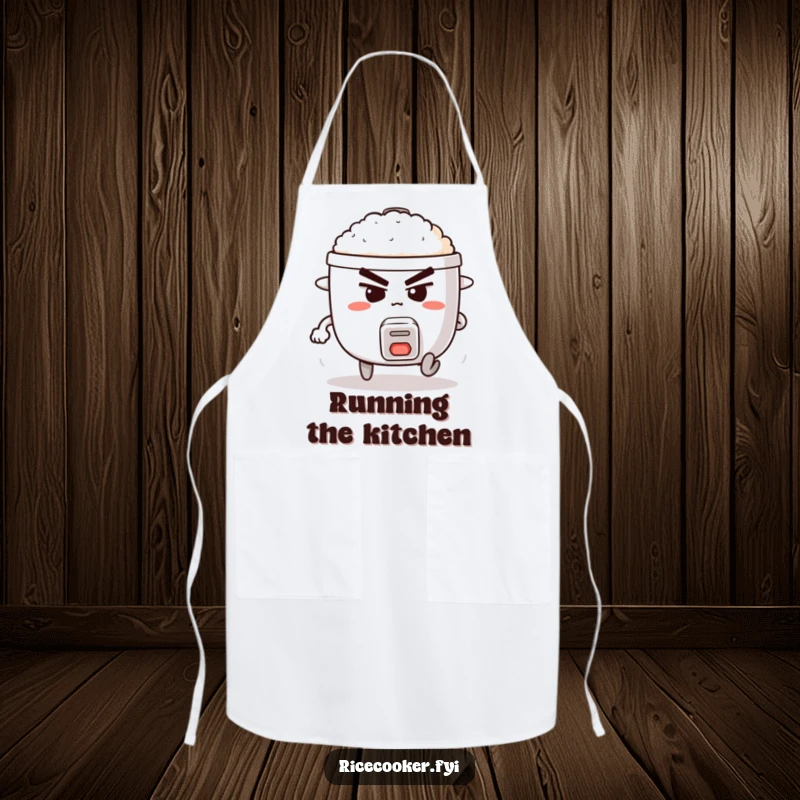 Funny apron featuring a determined rice cooker with legs, comically running, perfect for the motivated chef.