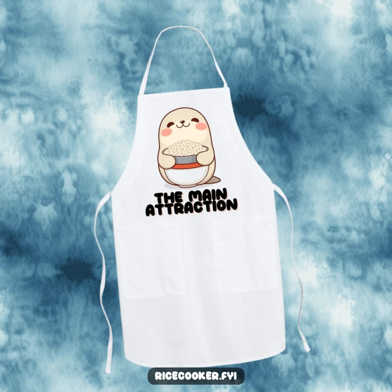 Funny apron with a smiling seal balancing a bowl of rice on its nose, a humorous accessory for kitchen wizards.