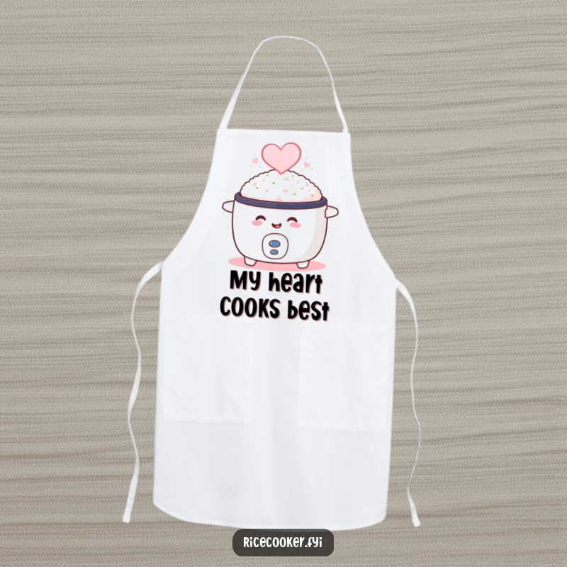Funny apron showing a smiling rice cooker with heart-shaped steam, perfect for humorous and loving culinary creations.