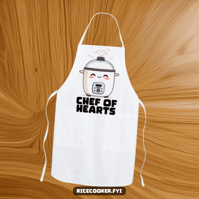 Funny apron featuring a smiling rice cooker, with steam elegantly creating a heart.