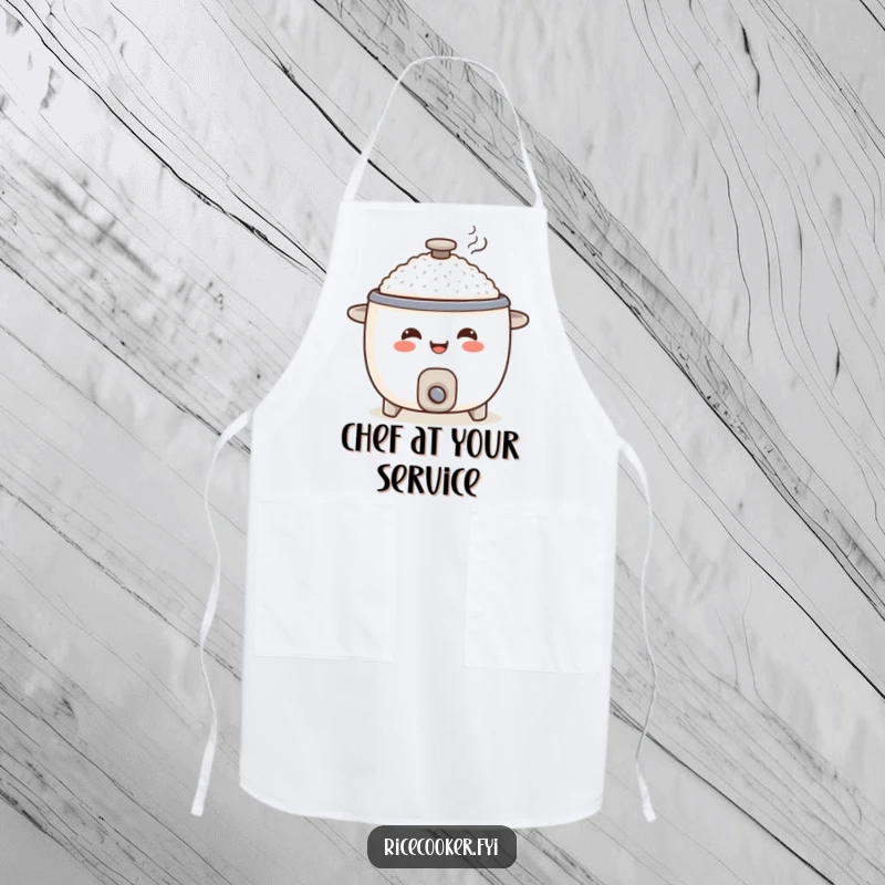 Funny rice cooker apron, smiling appliance character serving a portion, kitchen apparel gift.