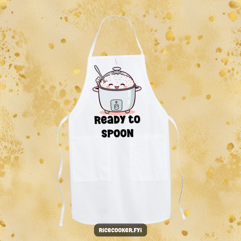 Funny apron showing a rice cooker enthusiastically waving a small spoon.